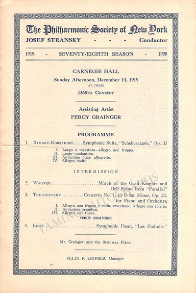 Grainger, Percy - Concert Program Carnegie Hall 1919