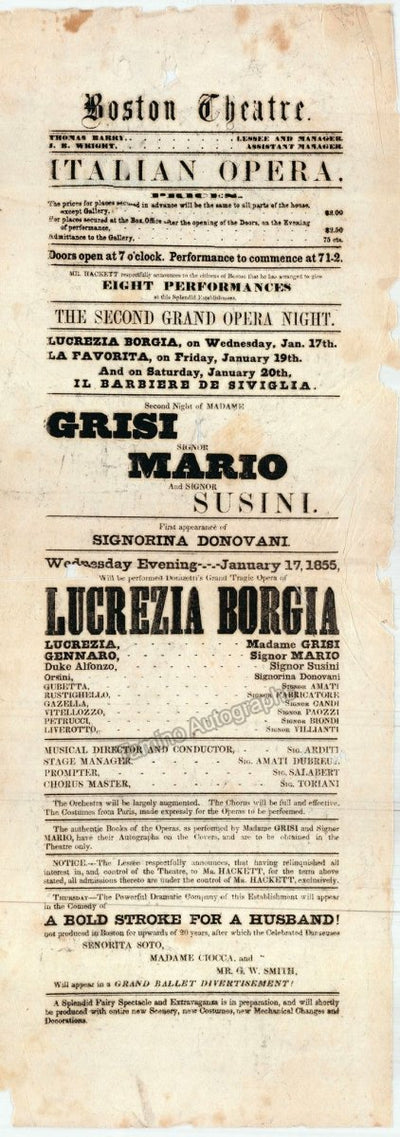 Grisi, Giulia - Mario, Giovanni - Playbill Boston 1855