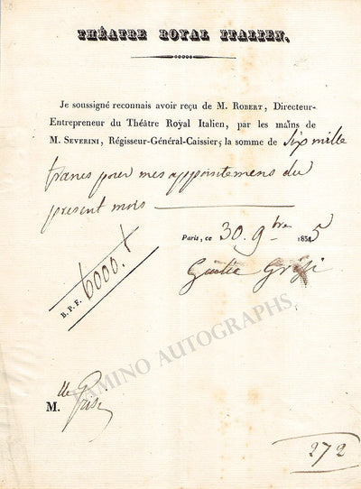 Grisi, Giulia - Signed Receipt