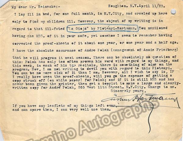 Hartmann, Arthur - Set of typed letters signed - Tamino