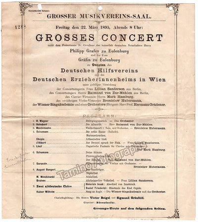 Huberman, Bronislaw - Concert Program Vienna 1895