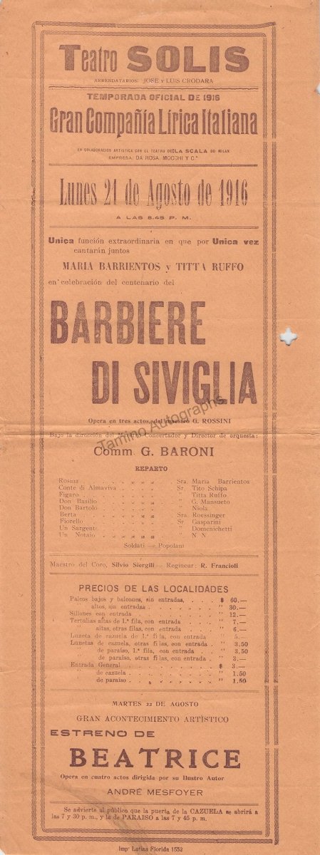 Il Barbiere di Siviglia - Teatro Solis 1916 - Maria Barrientos and Titta Ruffo - Tamino