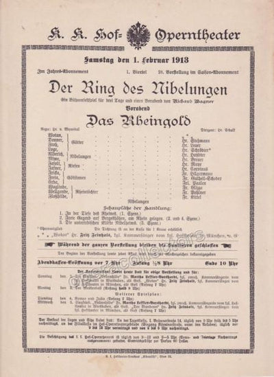 Imperial & Royal Court Opera Playbill - Das Rheingold - Feb. 1st, 1913