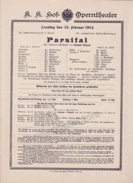 Imperial & Royal Court Opera Playbill - Parsifal - Feb. 15th, 1914