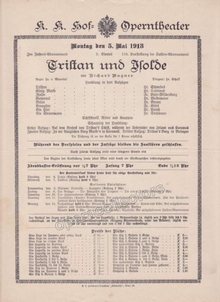 Imperial & Royal Court Opera Playbill - Tristan und Isolde - May 5th, 1913