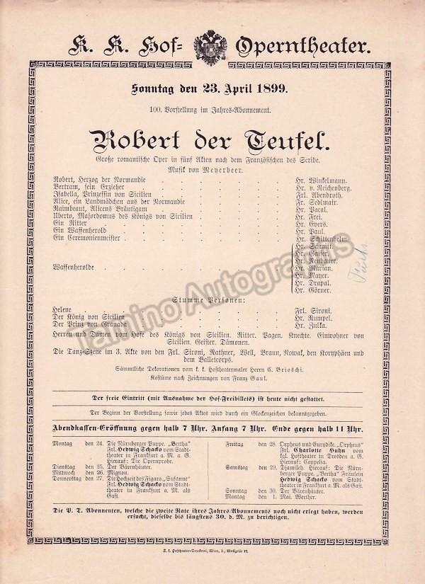 Imperial & Royal Court Opera, Vienna - 10 Playbill Lot 1899 - Tamino