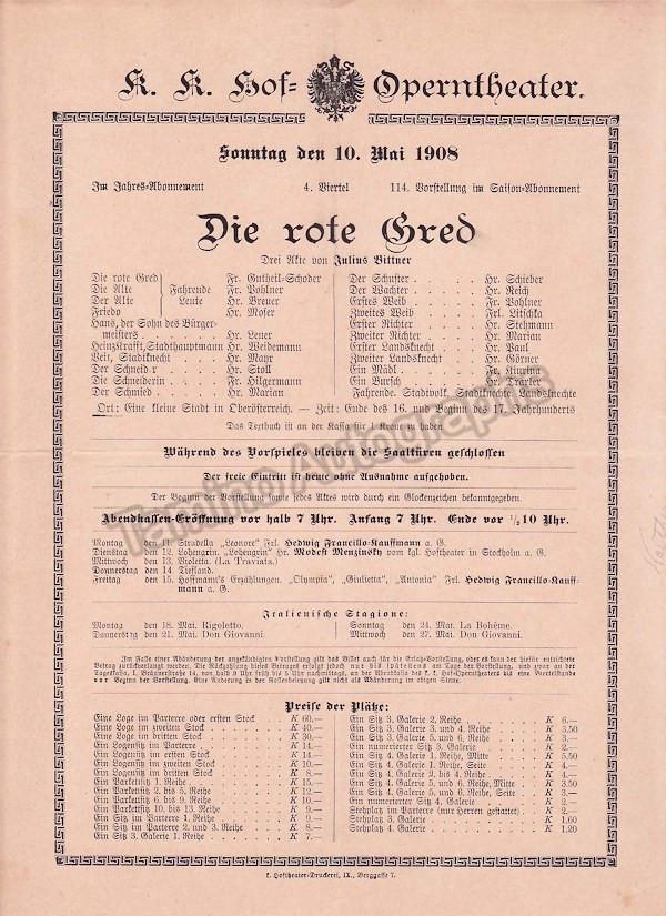 Imperial & Royal Court Opera, Vienna - 10 Playbill Lot 1904-1908 - Tamino