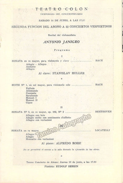 Janigro, Antonio - Concert Program 1958