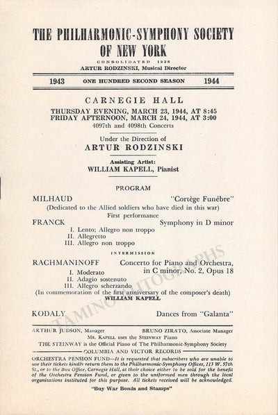 Kapell, William - Concert Program Carnegie Hall 1944