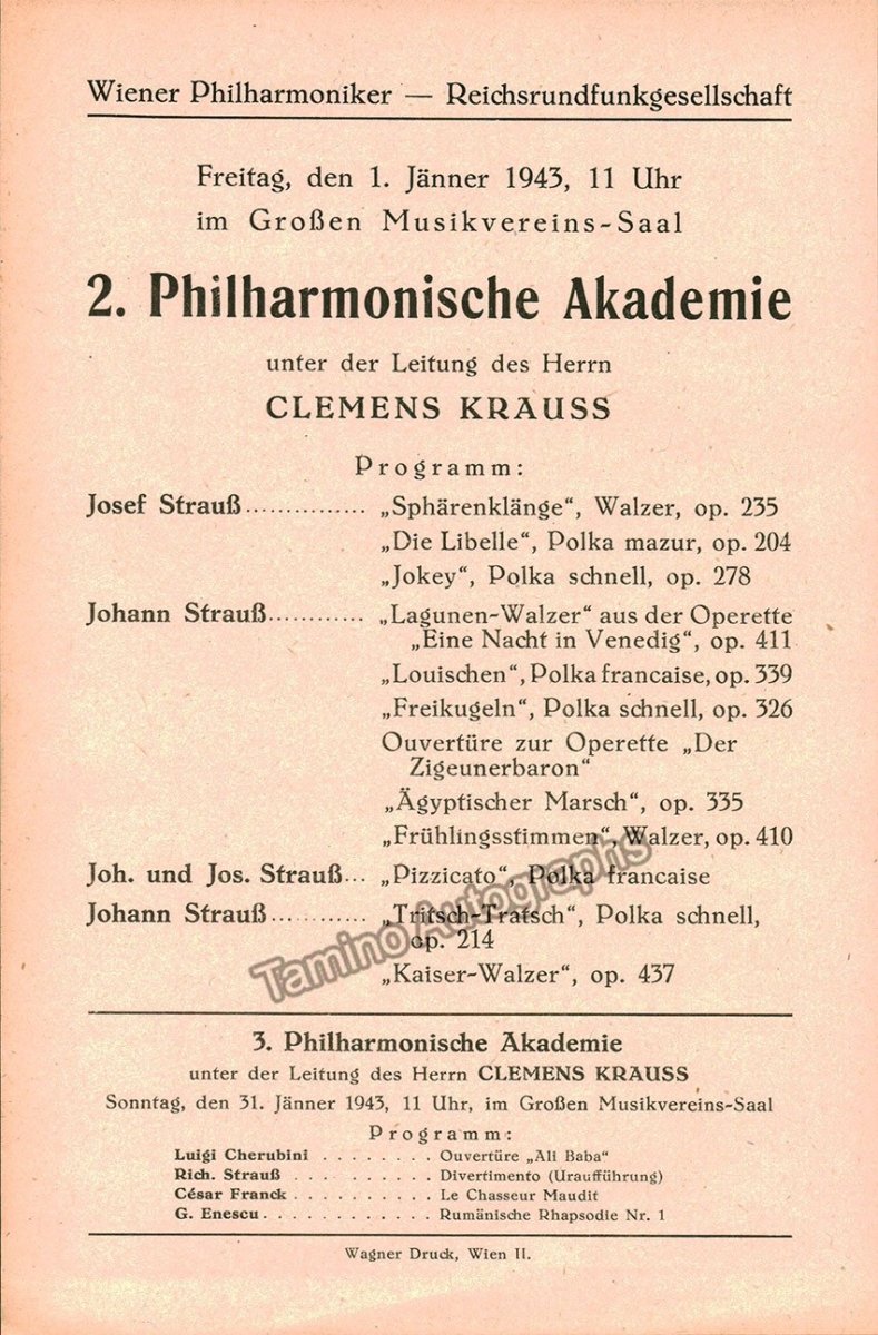 Krauss, Clemens - Vienna Philharmonic Program Lot 1942-1950 - Tamino