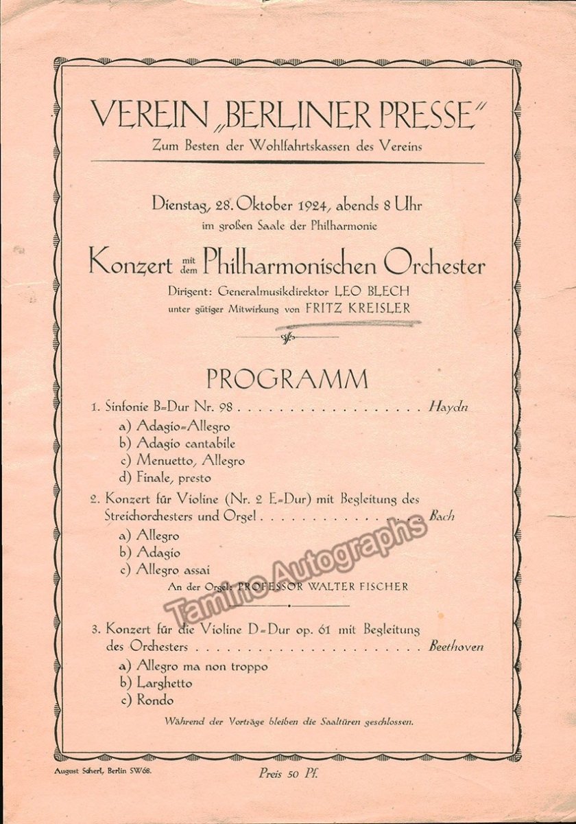 Kreisler, Fritz and Blech, Leo - Program 1924