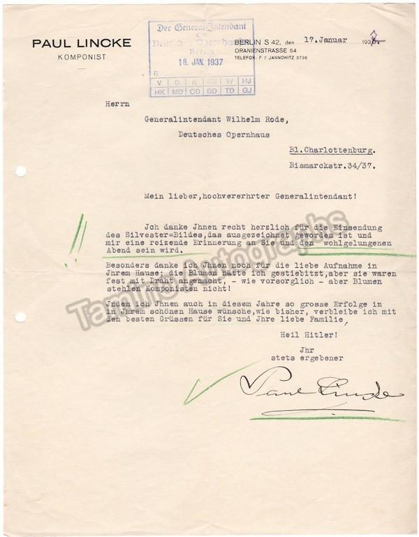 Lincke, Paul - Typed Letters Signed 1936-37 - Tamino