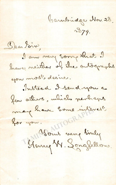 Longfellow, Henry - Autograph Letter Signed 1879