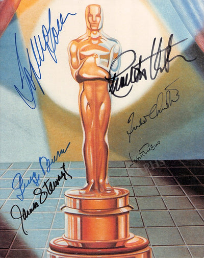 Loren, Sophia - Christie, Julie - Stewart, Jimmy - Heston, Charlton - Gielgud, John - Burns, George - Oscar Prize Photo Signed by All 6 Stars