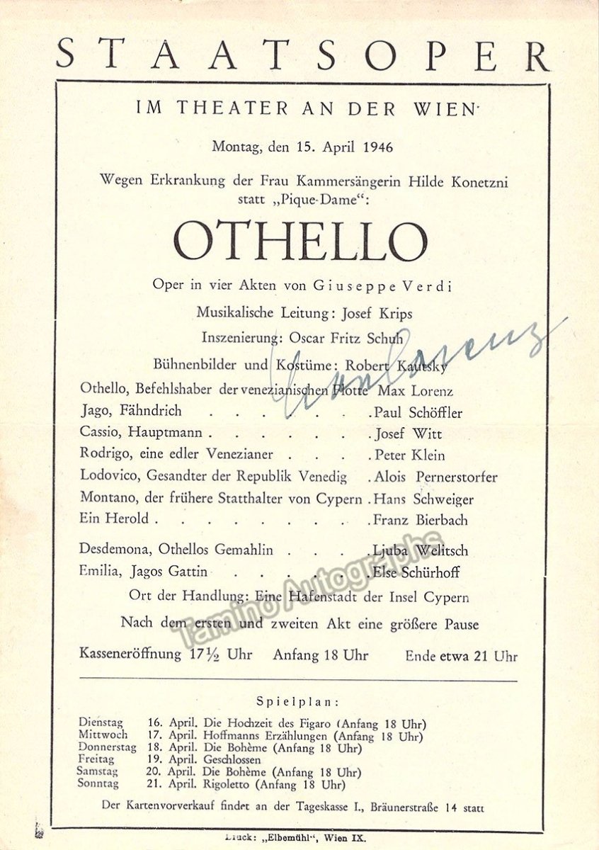 Lorenz, Max - Signed Program Vienna 1946