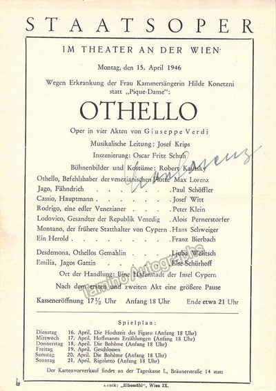 Lorenz, Max - Signed Program Vienna 1946