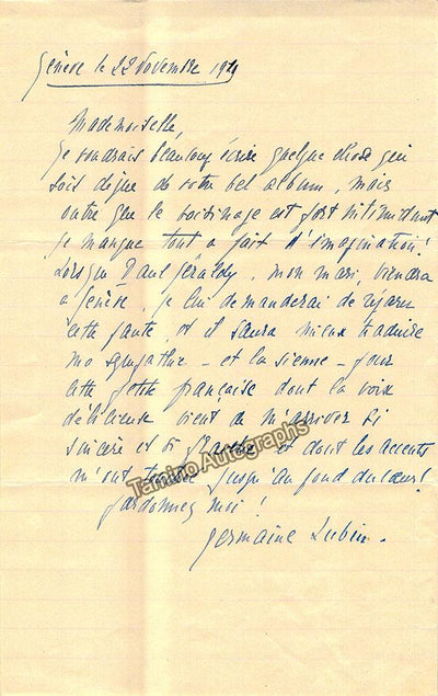 Lubin, Germaine - Autograph Note Signed