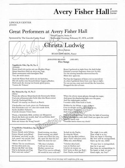 Ludwig, Christa - Signed Program New York 1974