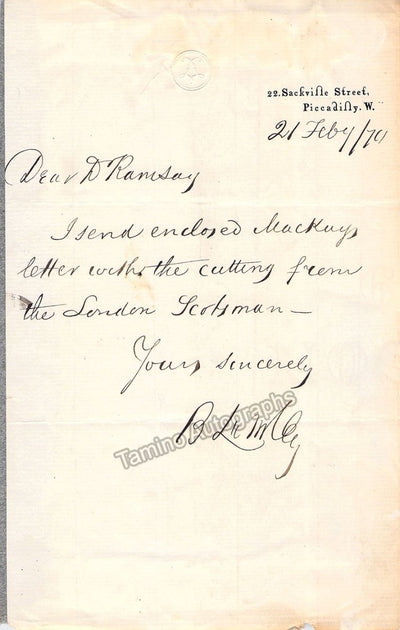 Lumley, Benjamin - Autograph Note Signed 1874