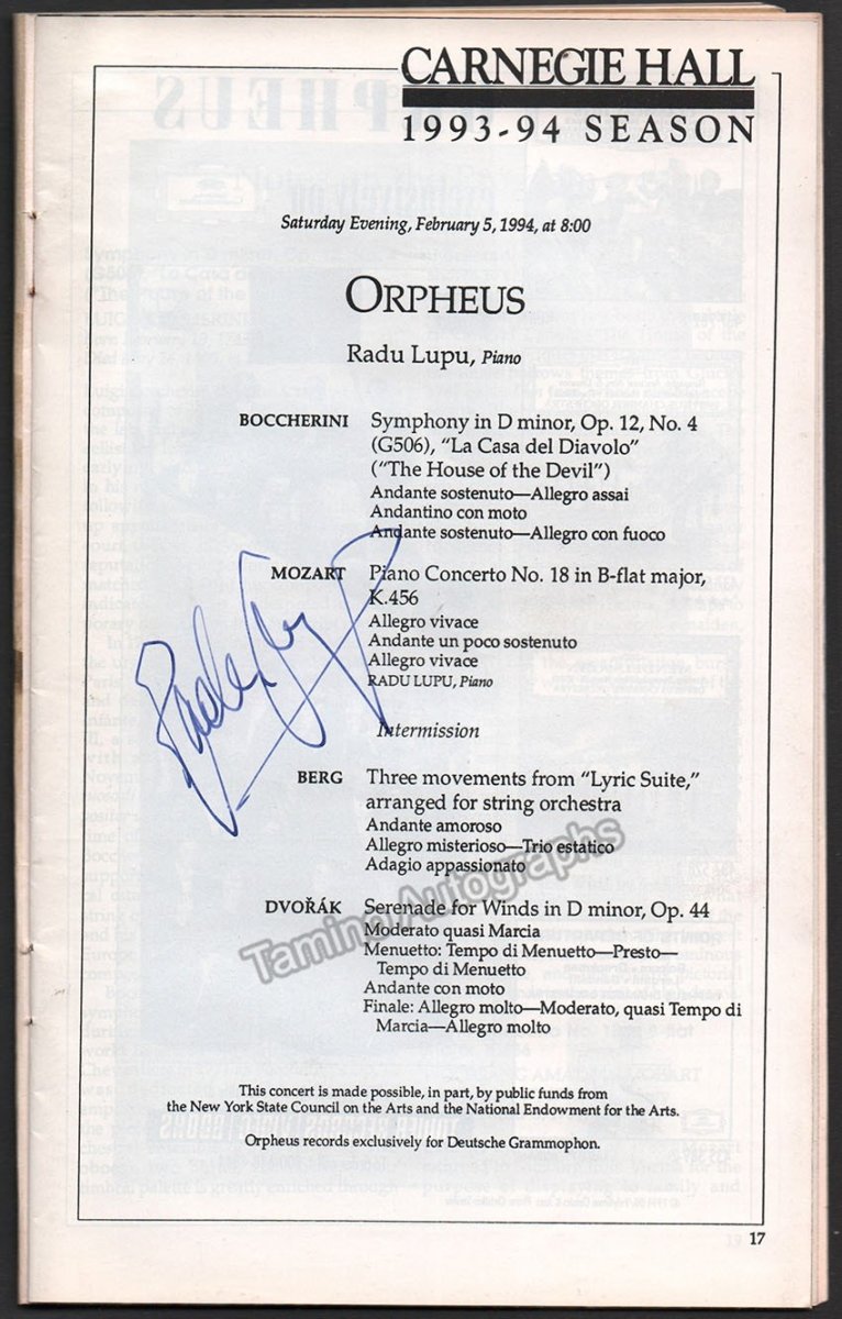 Lupu, Radu - Signed Program Carnegie Hall 1994