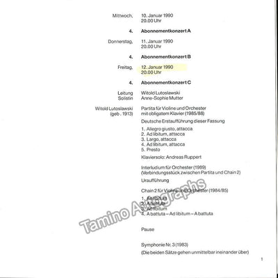 Lutoslawski, Witold - Concert Program Munich 1990