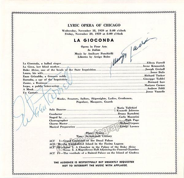 Lyric Opera of Chicago - Signed Program Clips and Cast Pages 1950s (Va ...