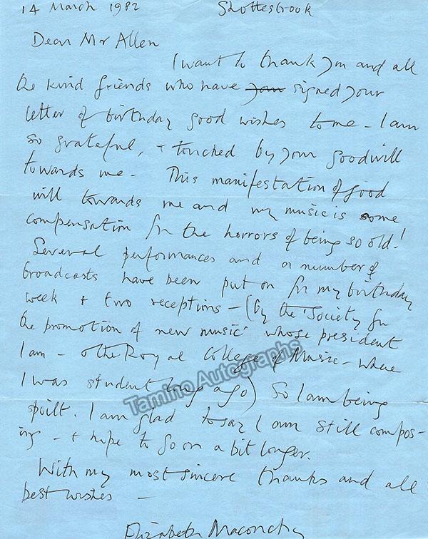 Maconchy, Elizabeth - Autograph Letter Signed 1982 - Tamino