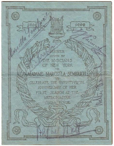 Mahler, Gustav - Caruso, Enrico - Paderewski, Ignacy - Sembrich, Marcella - Signed Menu