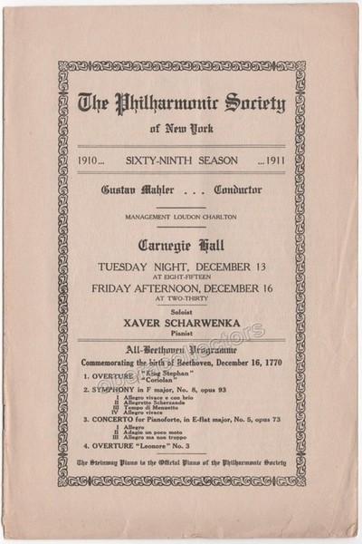Mahler, Gustav - Concert Program Carnegie Hall 1910