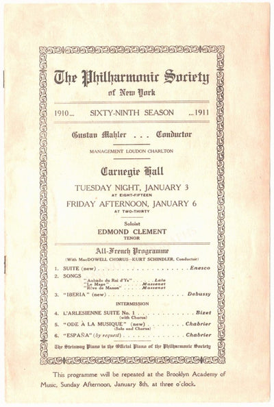 Mahler, Gustav - Concert Program New York 1911