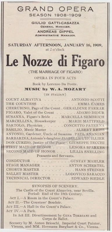 Mahler, Gustav - Le Nozze di Figaro Met Program Clip 1909
