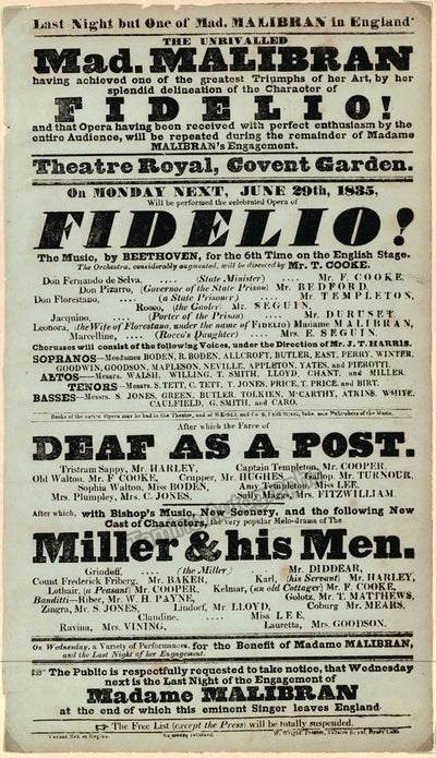Malibran, Maria - Fidelio Playbill London 1835