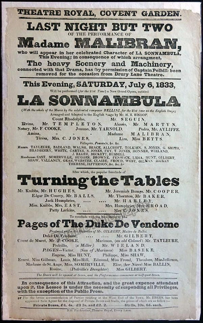 Malibran, Maria - La Sonnambula Opera Playbill 1833