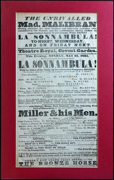 Malibran, Maria - La Sonnambula Opera Playbill 1835