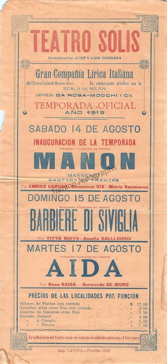Manon - Aida - Barbiere - Teatro Solis Playbill with Caruso and others 1915 - Tamino