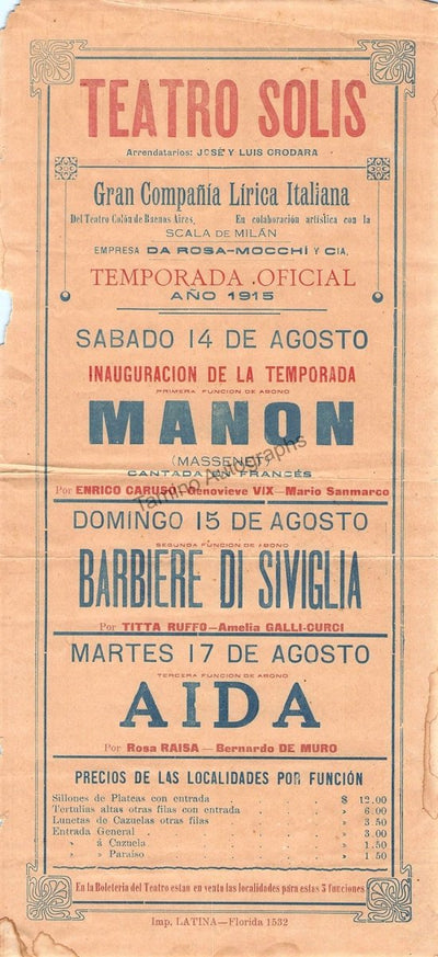 Manon - Aida - Barbiere - Teatro Solis Playbill with Caruso and others 1915