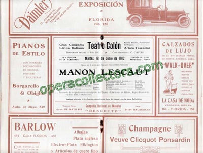 MANON LESCAUT - Teatro Colon program 1912 - Bori, Toscanini