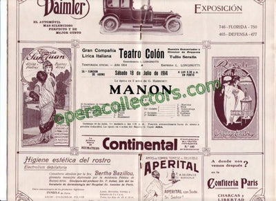 MANON - Teatro Colon program 1914 - Bonci, Bori & Serafin