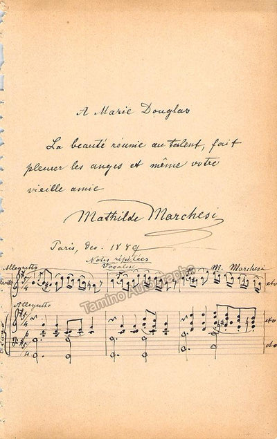 Marchesi, Mathilde - Autograph Music Quote Signed 1889