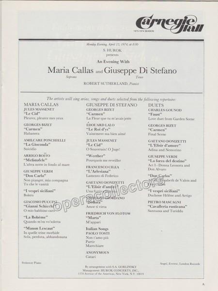 Maria Callas and Giuseppe Di Stefano - Concert program Carnegie Hall 1974