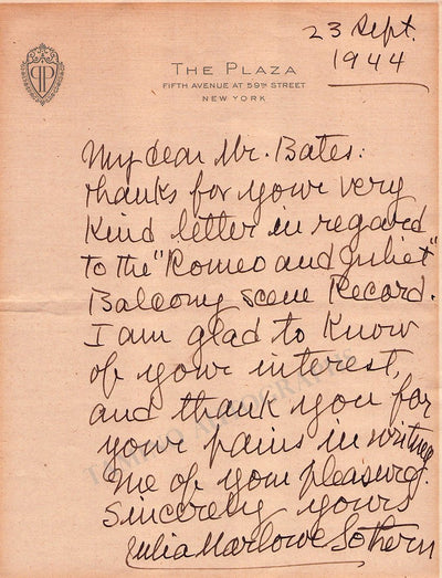 Marlowe, Julia - Autograph Letter Signed 1944