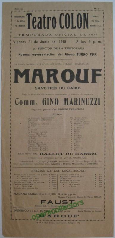 Marouf - Teatro Colon 1918 - Vallin - Crabbe - Journet