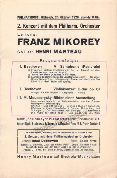 Marteau, Henri - Concert Program Berlin 1928