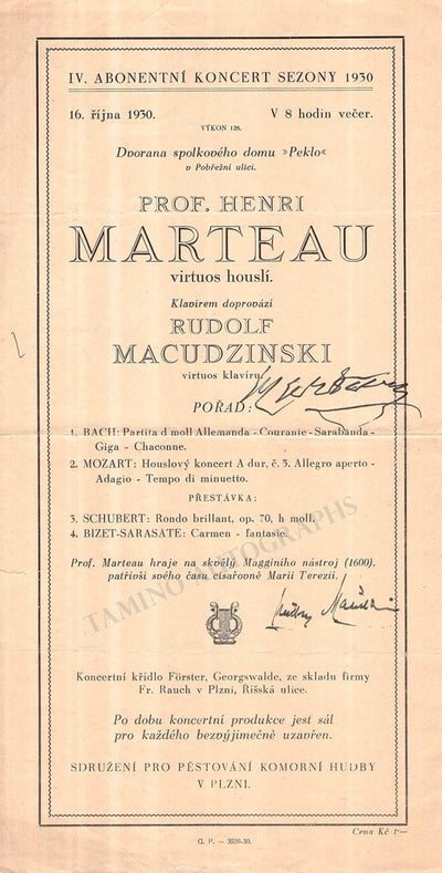 Marteau, Henri - Macudzinski, Rudolf - Signed Playbill 1930