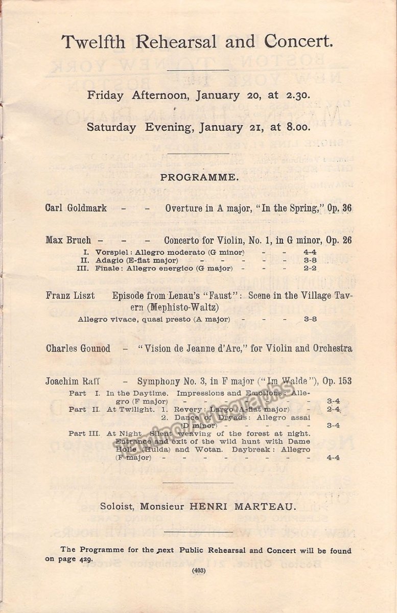 Violin Concert Program Marteau, Henri - Nikisch, Arthur - Violin Concerto Program 1893