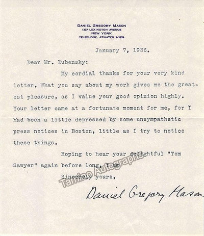 Mason, Daniel Gregory - Typed Letter Signed 1936