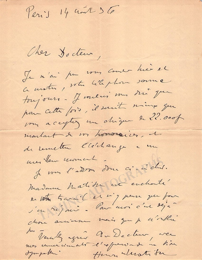 Matisse, Henri - Autograph Letter Signed 1936 - Tamino