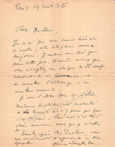 Matisse, Henri - Autograph Letter Signed 1936