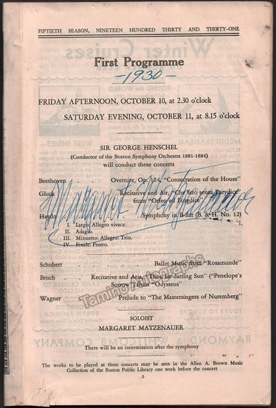 Matzenauer, Margaret - Signed Program Boston 1930