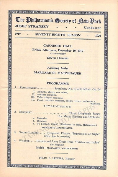 Matzenauer, Margarete - Lot of 6 Recital Programs Carnegie Hall 1919-1921